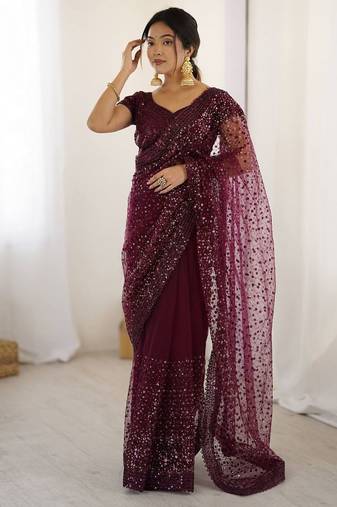 premium purple net saree with sequins & dori work