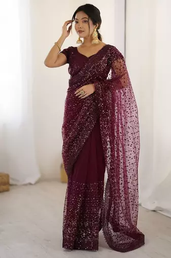 premium purple net saree with sequins & dori work