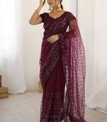 premium purple net saree with sequins & dori work