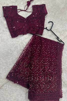 premium purple net saree with sequins & dori work 2