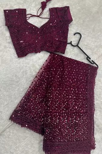 premium purple net saree with sequins & dori work
