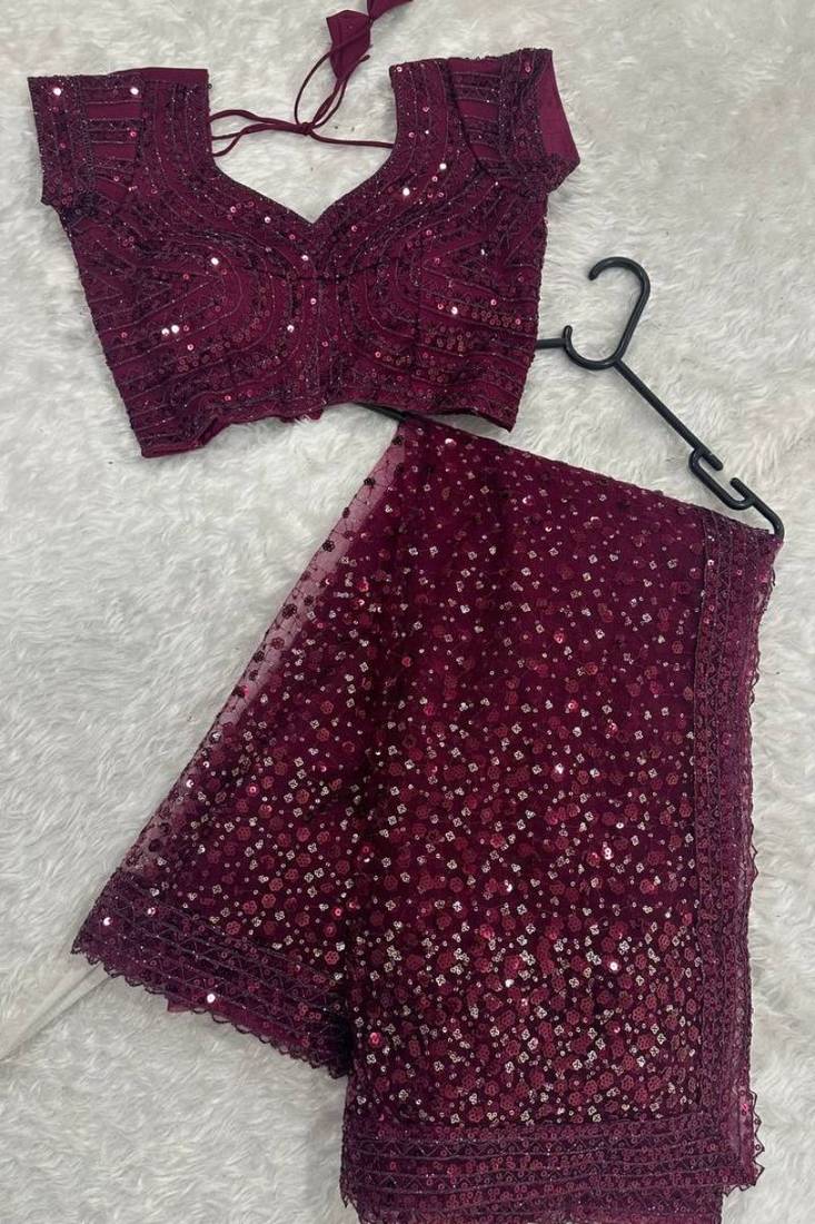 premium purple net saree with sequins & dori work