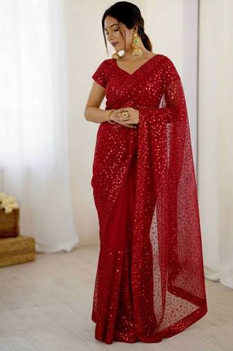 premium red net saree with sequins & dori work