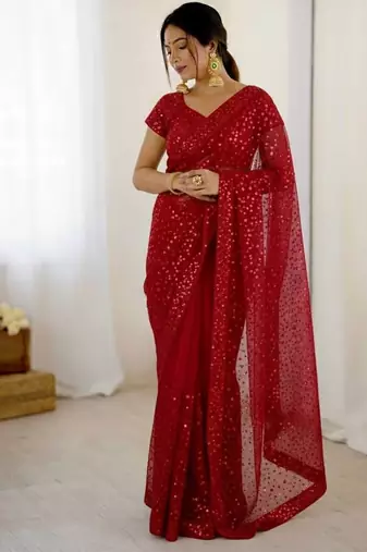 premium red net saree with sequins & dori work