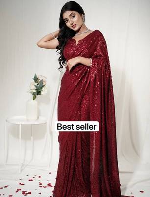 red georgette saree with allover sequins work 1