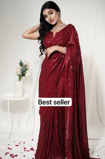 red georgette saree with allover sequins work