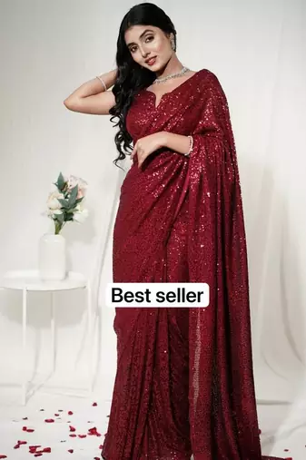 red georgette saree with allover sequins work