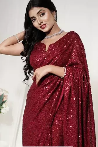 red georgette saree with allover sequins work