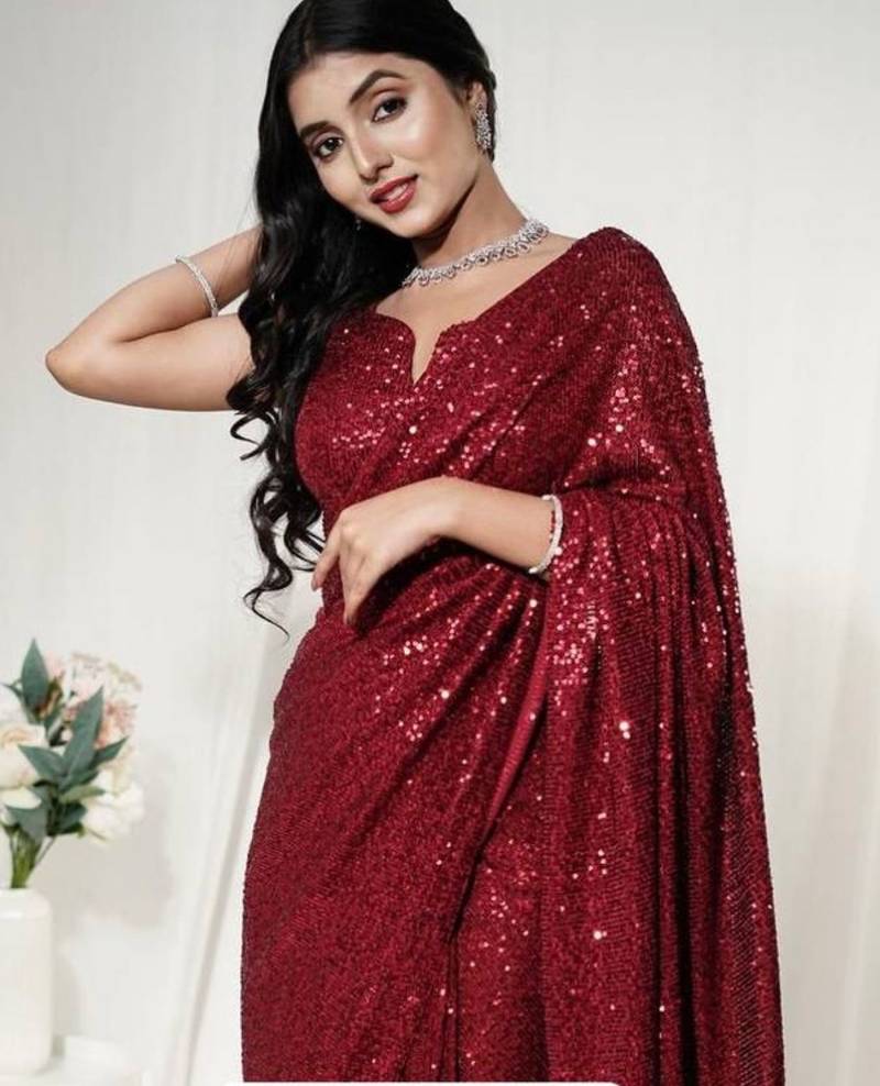 red georgette saree with allover sequins work