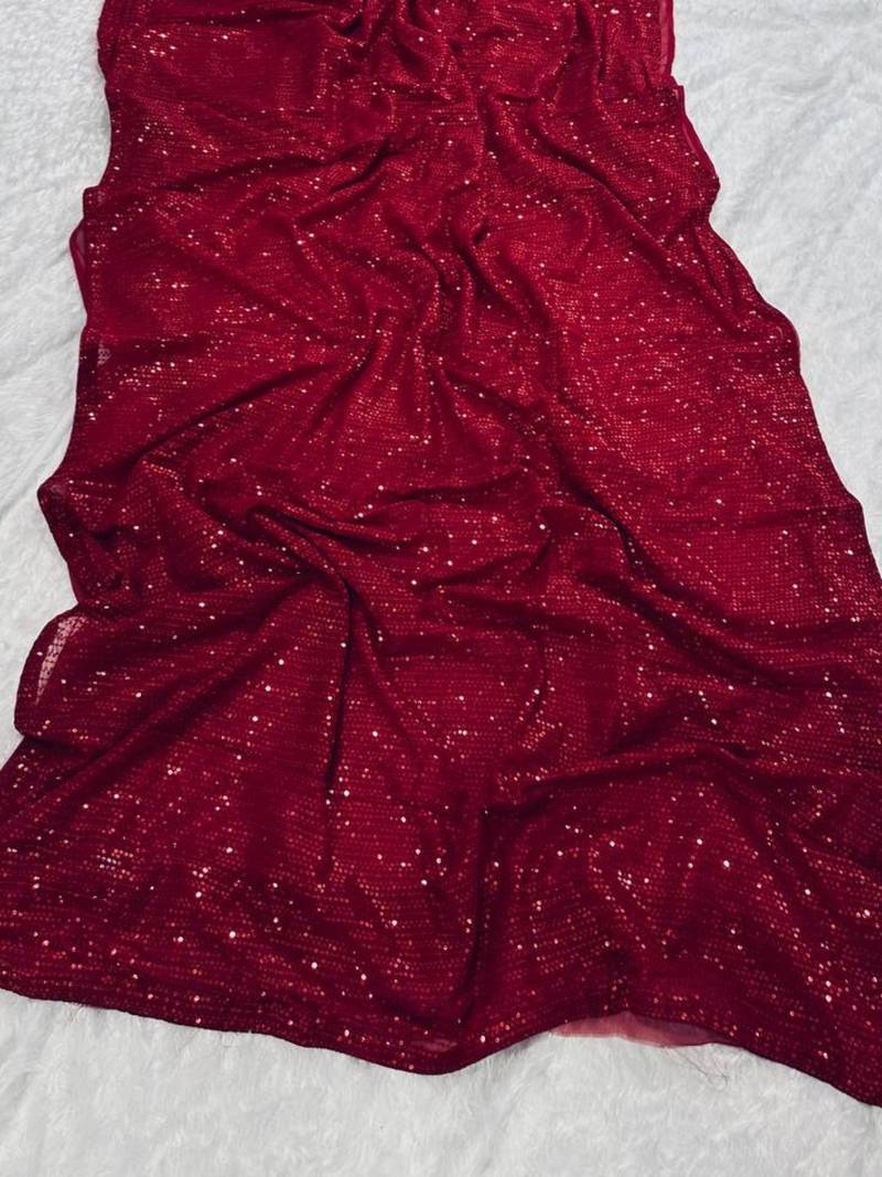 red georgette saree with allover sequins work