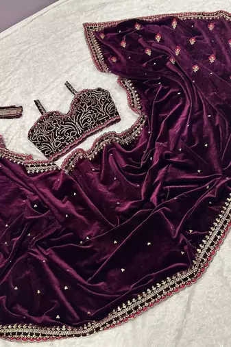 premium 9000 velvet saree with sequins, dori & thread work