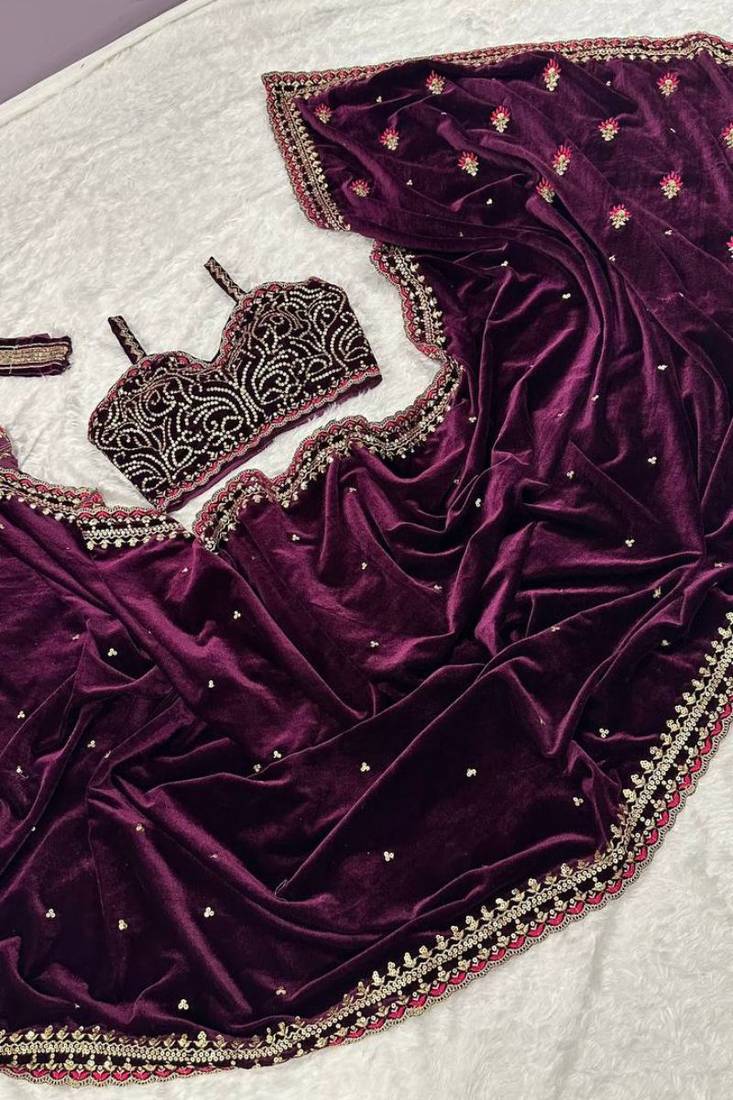 premium 9000 velvet saree with sequins, dori & thread work