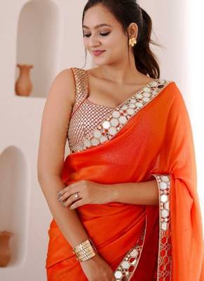 premium rangoli art silk saree with heavy real mirror work lace 2