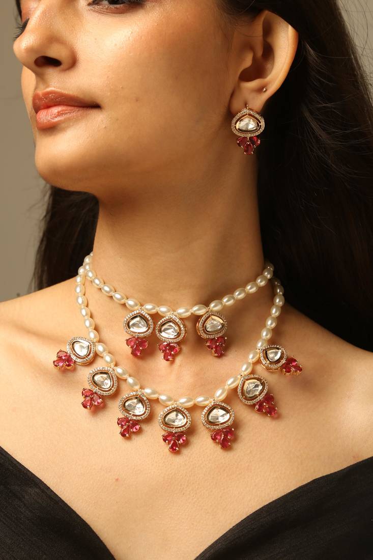 Ruby pearl layered necklace set