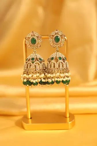 Green stone pearl jhumka earrings