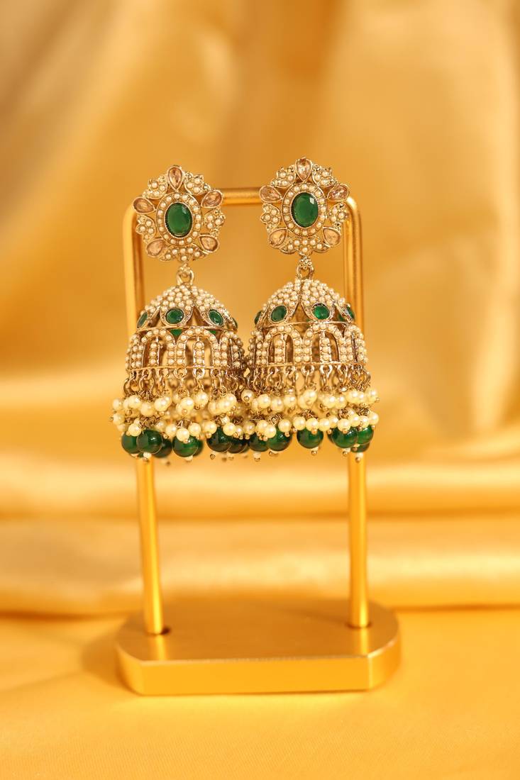 Green stone pearl jhumka earrings