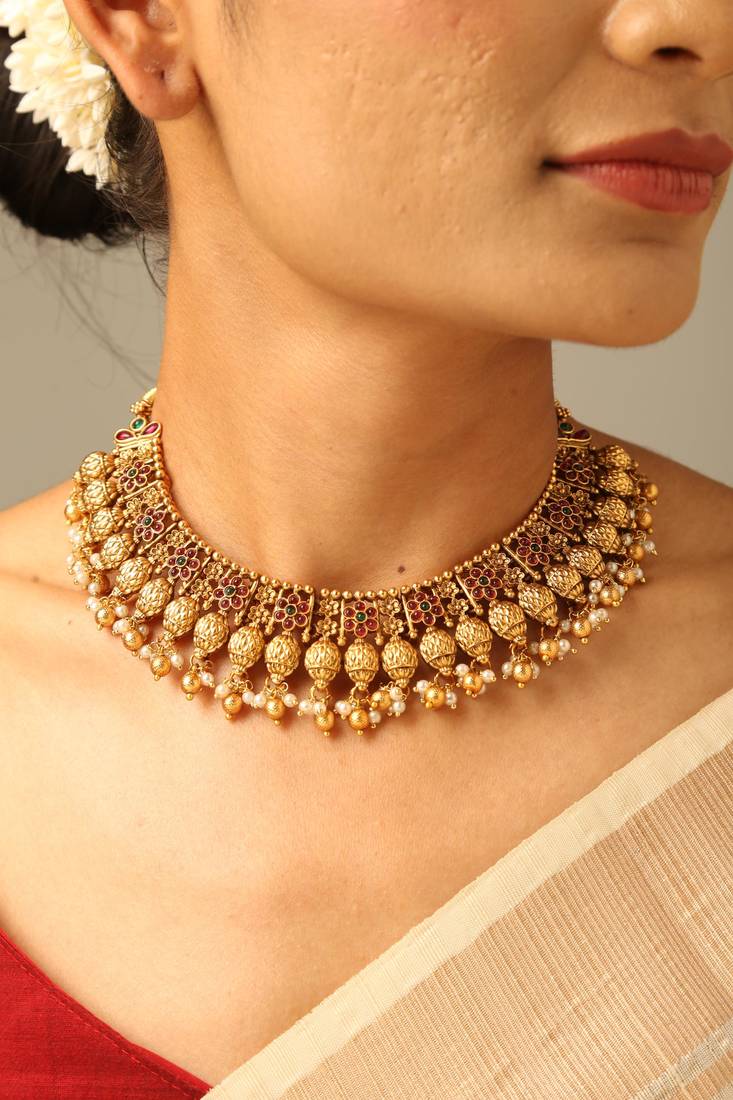 Traditional temple design gold tone choker necklace