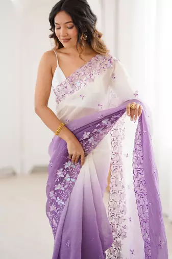 Purple women's elegant crunchy saree with sequins embroidery work & satin silk blouse