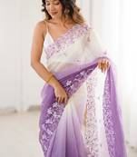 Purple women's elegant crunchy saree with sequins embroidery work & satin silk blouse