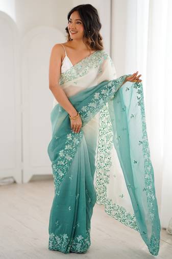 Sea green women's elegant crunchy saree with sequins embroidery work & satin silk blouse