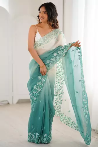 Sea green women's elegant crunchy saree with sequins embroidery work & satin silk blouse