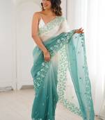 Sea green women's elegant crunchy saree with sequins embroidery work & satin silk blouse