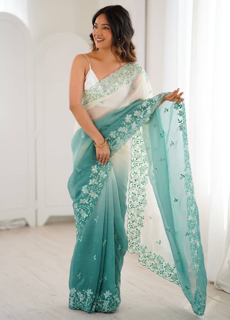 Sea green women's elegant crunchy saree with sequins embroidery work & satin silk blouse
