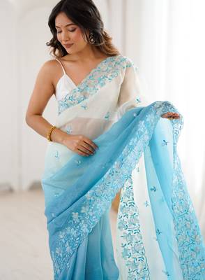 Blue women's elegant crunchy saree with sequins embroidery work & satin silk blouse 1