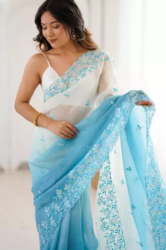 Blue women's elegant crunchy saree with sequins embroidery work & satin silk blouse
