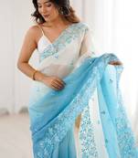 Blue women's elegant crunchy saree with sequins embroidery work & satin silk blouse