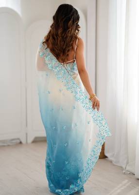 Blue women's elegant crunchy saree with sequins embroidery work & satin silk blouse 2