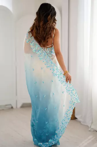 Blue women's elegant crunchy saree with sequins embroidery work & satin silk blouse