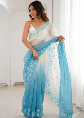 Blue women's elegant crunchy saree with sequins embroidery work & satin silk blouse 3