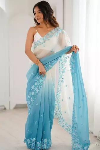 Blue women's elegant crunchy saree with sequins embroidery work & satin silk blouse