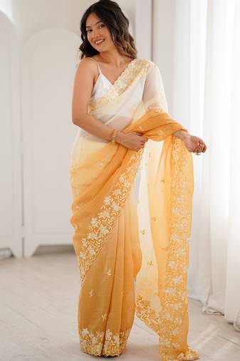 Yellow women's elegant crunchy saree with sequins embroidery work & satin silk blouse