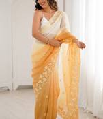 Yellow women's elegant crunchy saree with sequins embroidery work & satin silk blouse