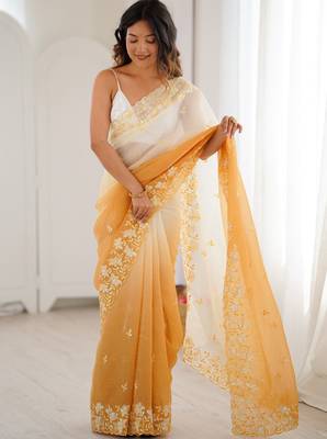 Yellow women's elegant crunchy saree with sequins embroidery work & satin silk blouse 2