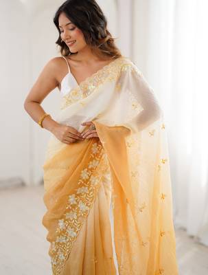 Yellow women's elegant crunchy saree with sequins embroidery work & satin silk blouse 3