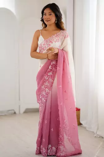 Pink women's elegant crunchy saree with sequins embroidery work & satin silk blouse