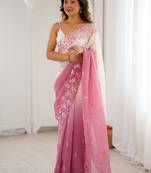 Pink women's elegant crunchy saree with sequins embroidery work & satin silk blouse