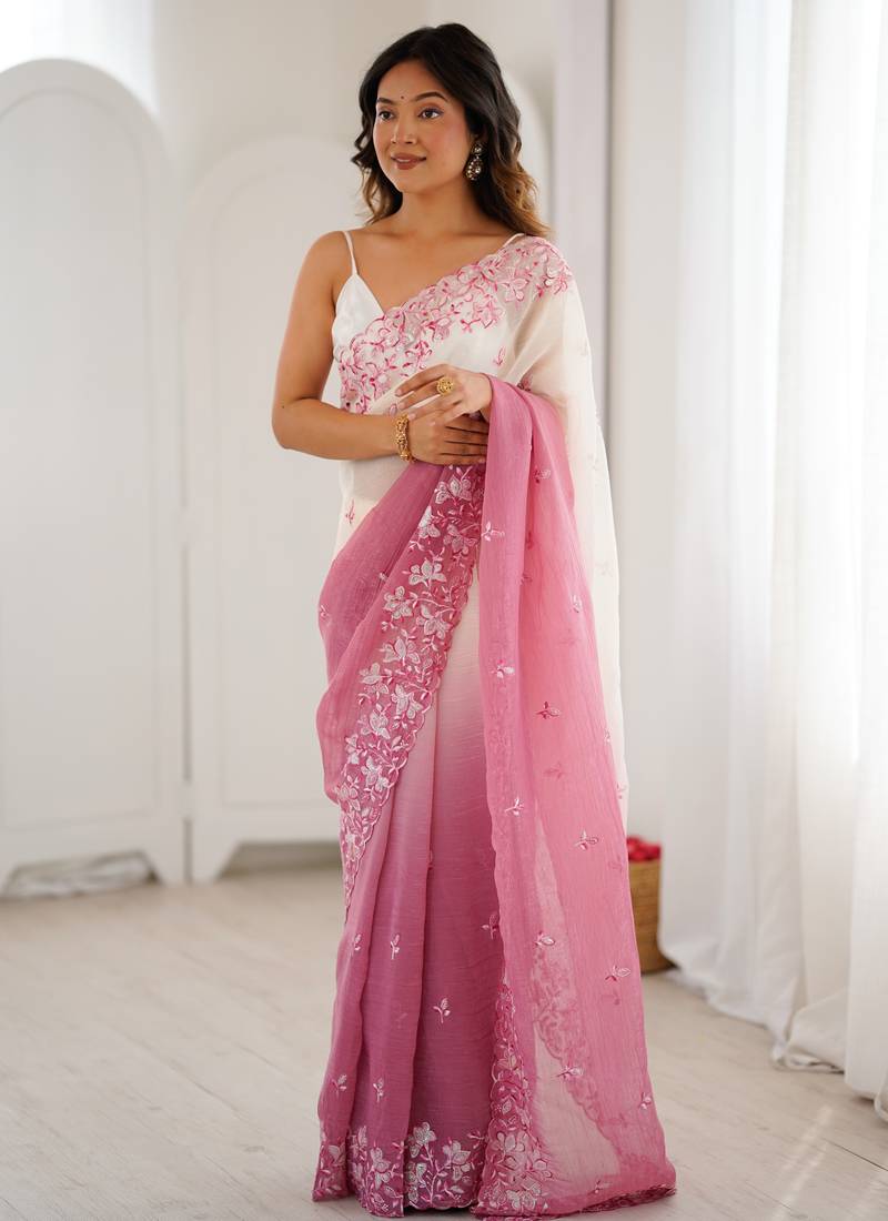 Pink women's elegant crunchy saree with sequins embroidery work & satin silk blouse