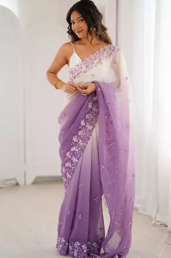 Purple women's elegant crunchy saree with sequins embroidery work & satin silk blouse