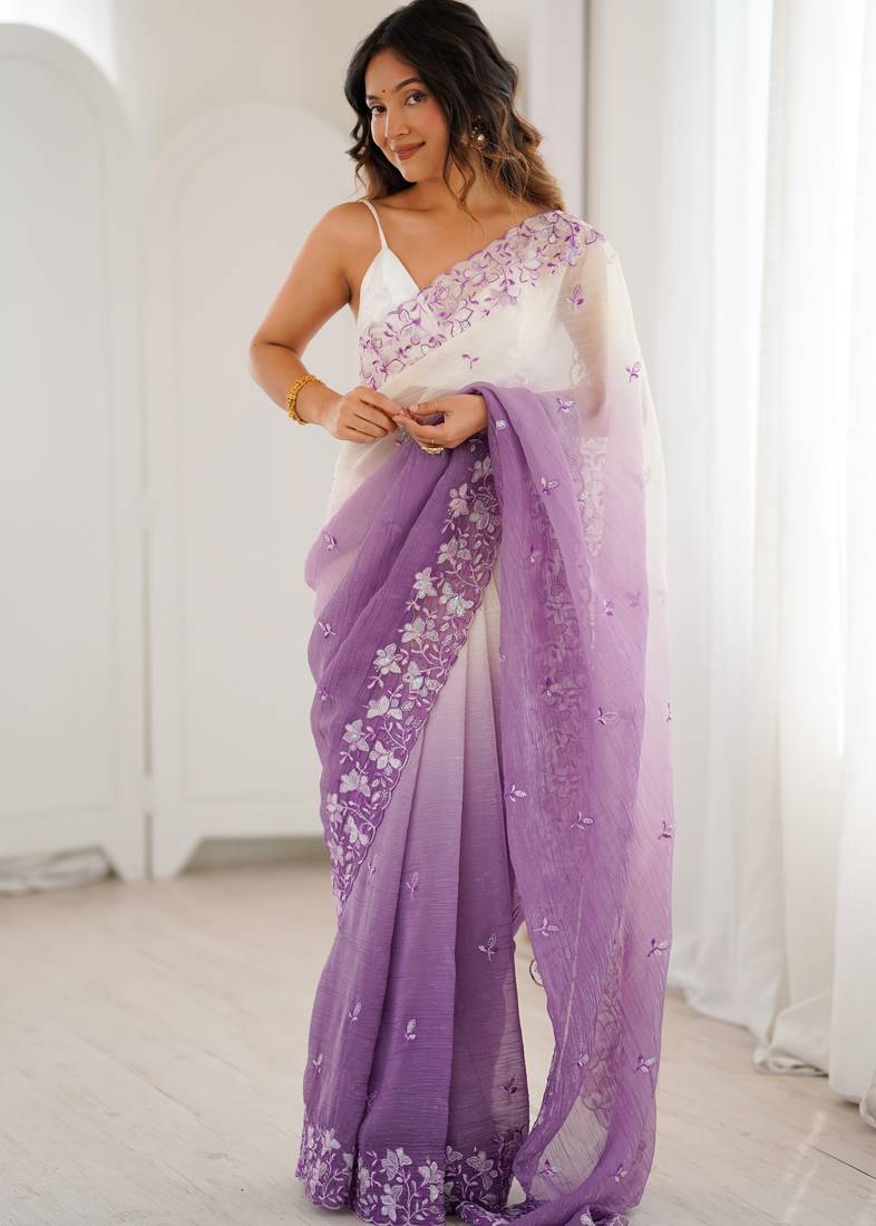 Purple women's elegant crunchy saree with sequins embroidery work & satin silk blouse
