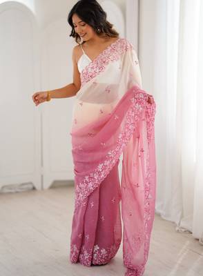 Pink women's elegant crunchy saree with sequins embroidery work & satin silk blouse 2