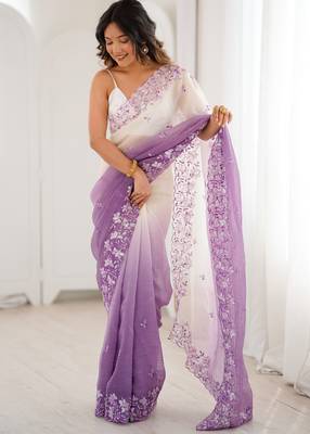 Purple women's elegant crunchy saree with sequins embroidery work & satin silk blouse 2