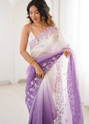 Purple women's elegant crunchy saree with sequins embroidery work & satin silk blouse 3