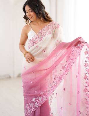 Pink women's elegant crunchy saree with sequins embroidery work & satin silk blouse 3