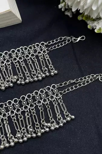 Oxidised silver anklet pair for women | indian ghungroo payal | boho ethnic ankle bracelet | handmade tribal jewelry