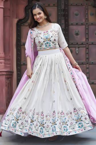 white tissue silk embroidered lehenga choli set