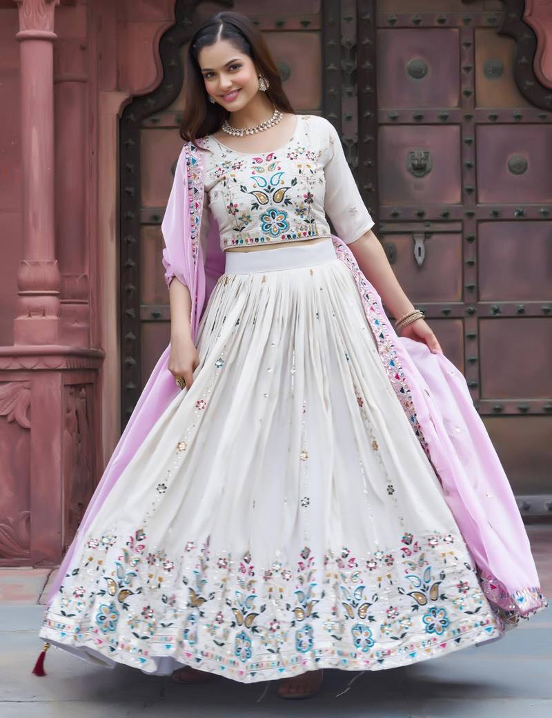 white tissue silk embroidered lehenga choli set